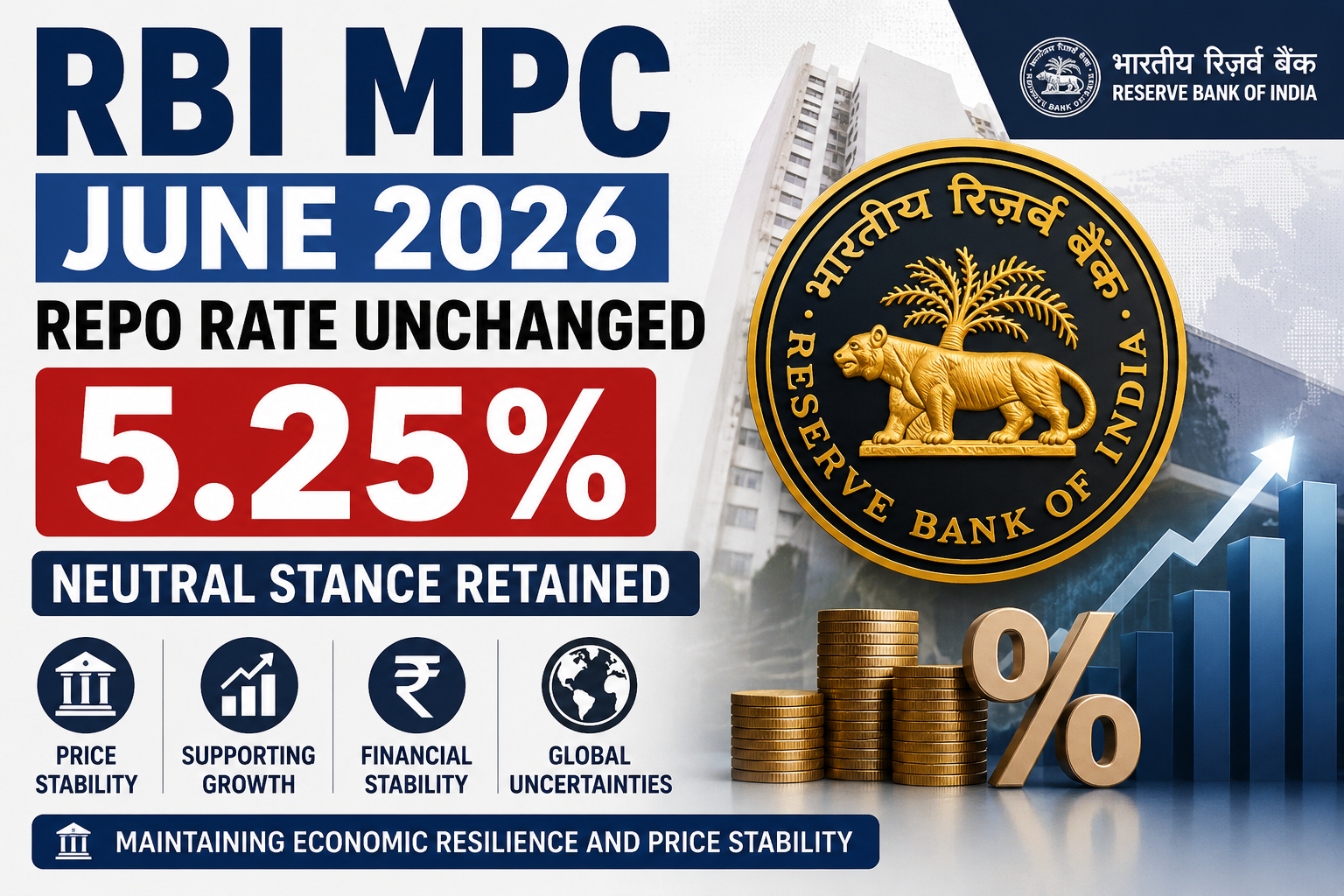 RBI MPC June 2026: Repo Rate Unchanged at 5.25%, Neutral Stance Retained