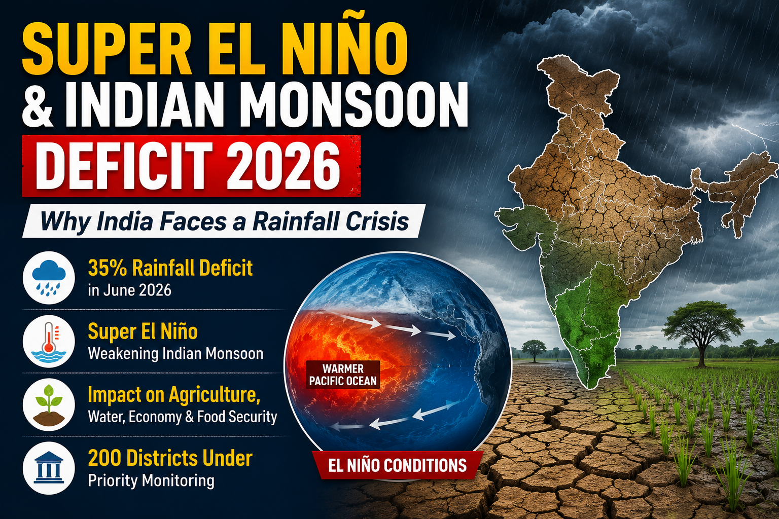 🌧️ सुपर एल नीनो और भारतीय मानसून घाटा 2026: भारत में वर्षा संकट क्यों बढ़ रहा है?