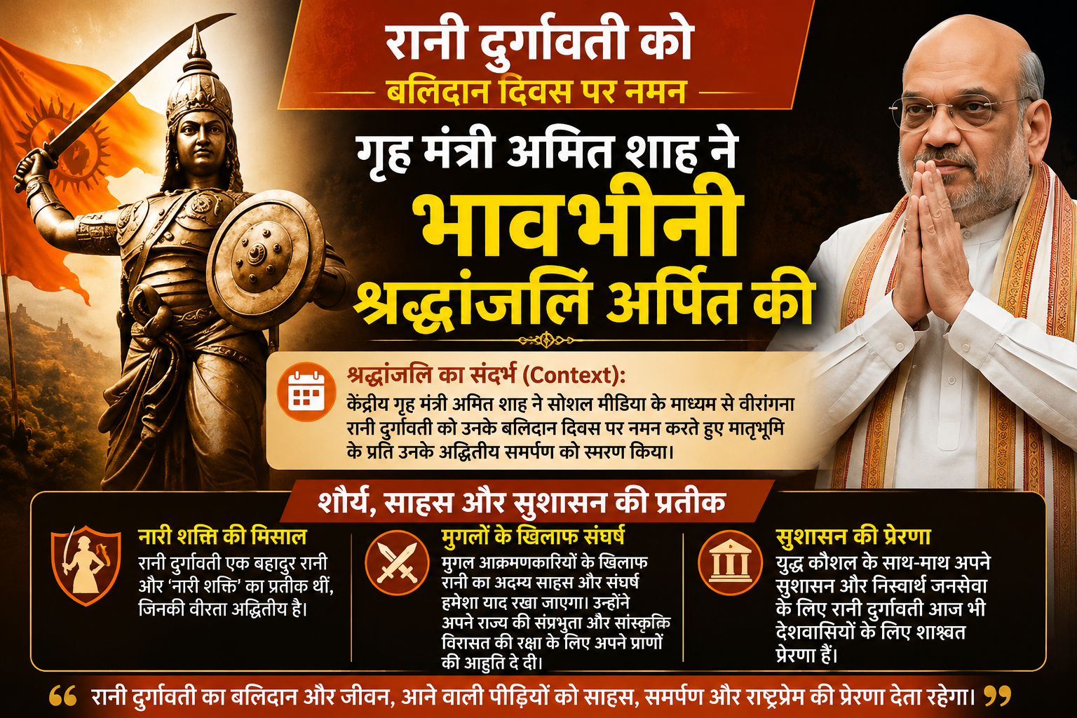 गृह मंत्री अमित शाह ने वीरांगना रानी दुर्गावती के बलिदान दिवस पर उन्हें दी भावभीनी श्रद्धांजलि