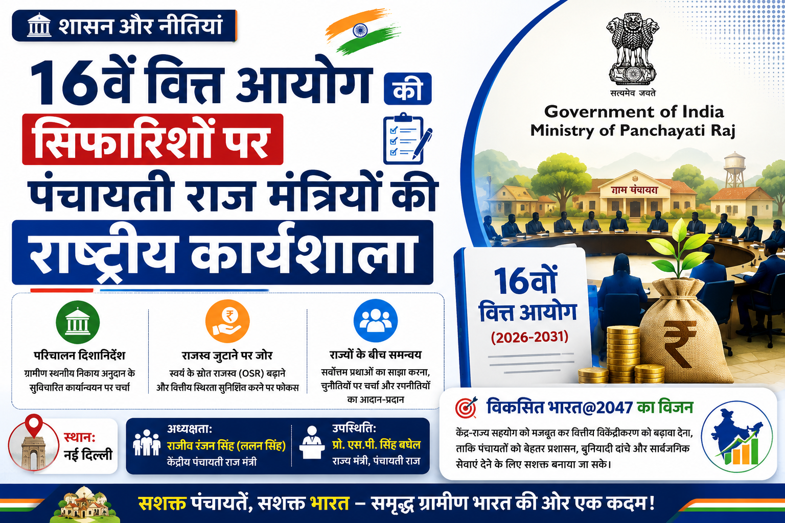 शासन और नीतियां: 16वें वित्त आयोग को लेकर पंचायती राज मंत्रालय की राष्ट्रीय कार्यशाला आज