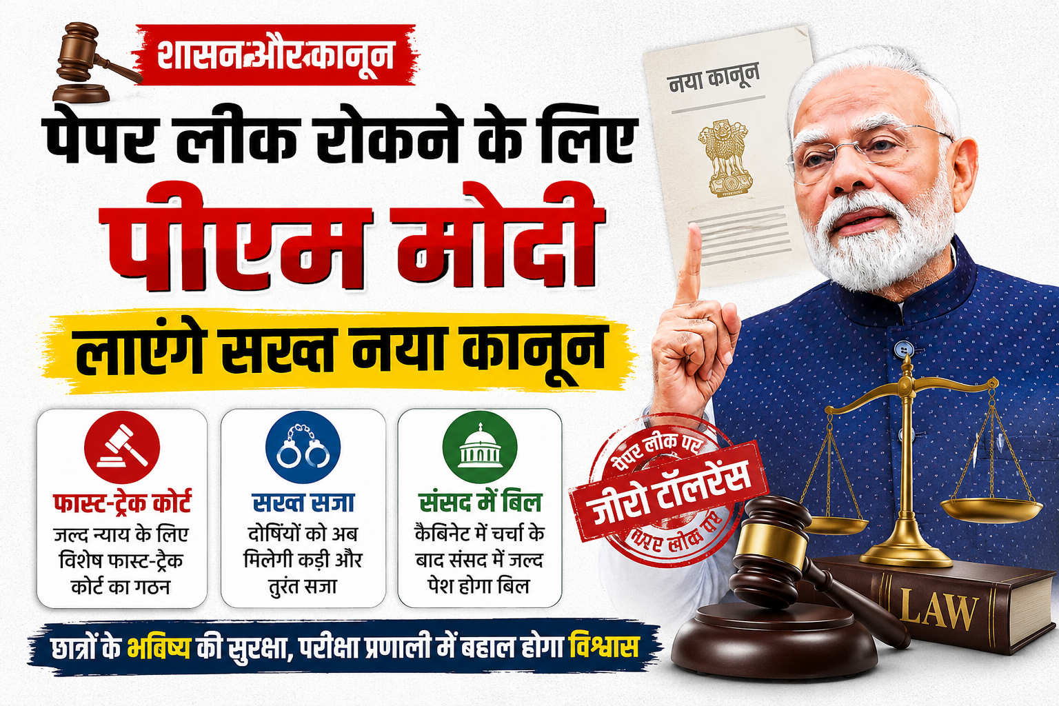 शासन और कानून: पेपर लीक से निपटने के लिए पीएम मोदी का सख्त नए कानून और 'फास्ट-ट्रैक कोर्ट' का वादा