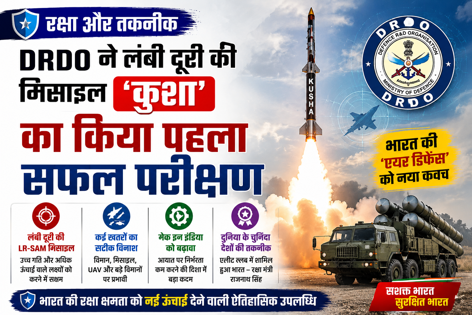 रक्षा और तकनीक: DRDO ने लंबी दूरी की 'सतह से हवा' में मार करने वाली मिसाइल 'कुशा' (Kusha) का किया सफल परीक्षण