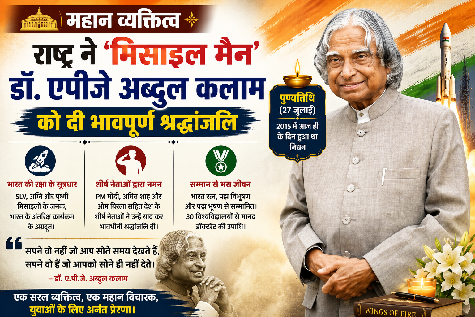 महान व्यक्तित्व और विरासत: राष्ट्र ने 'मिसाइल मैन' डॉ. एपीजे अब्दुल कलाम को उनकी पुण्यतिथि पर दी श्रद्धांजलि