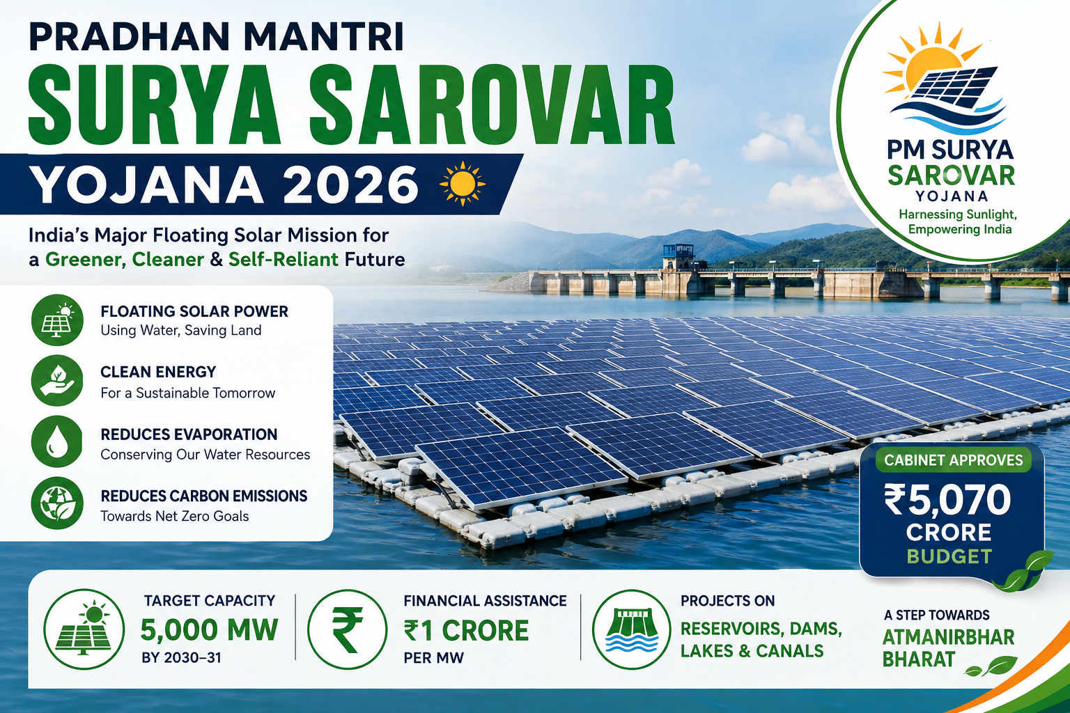 प्रधानमंत्री सूर्य सरोवर योजना 2026: ₹5,070 करोड़ की फ्लोटिंग सोलर योजना को कैबिनेट की मंजूरी