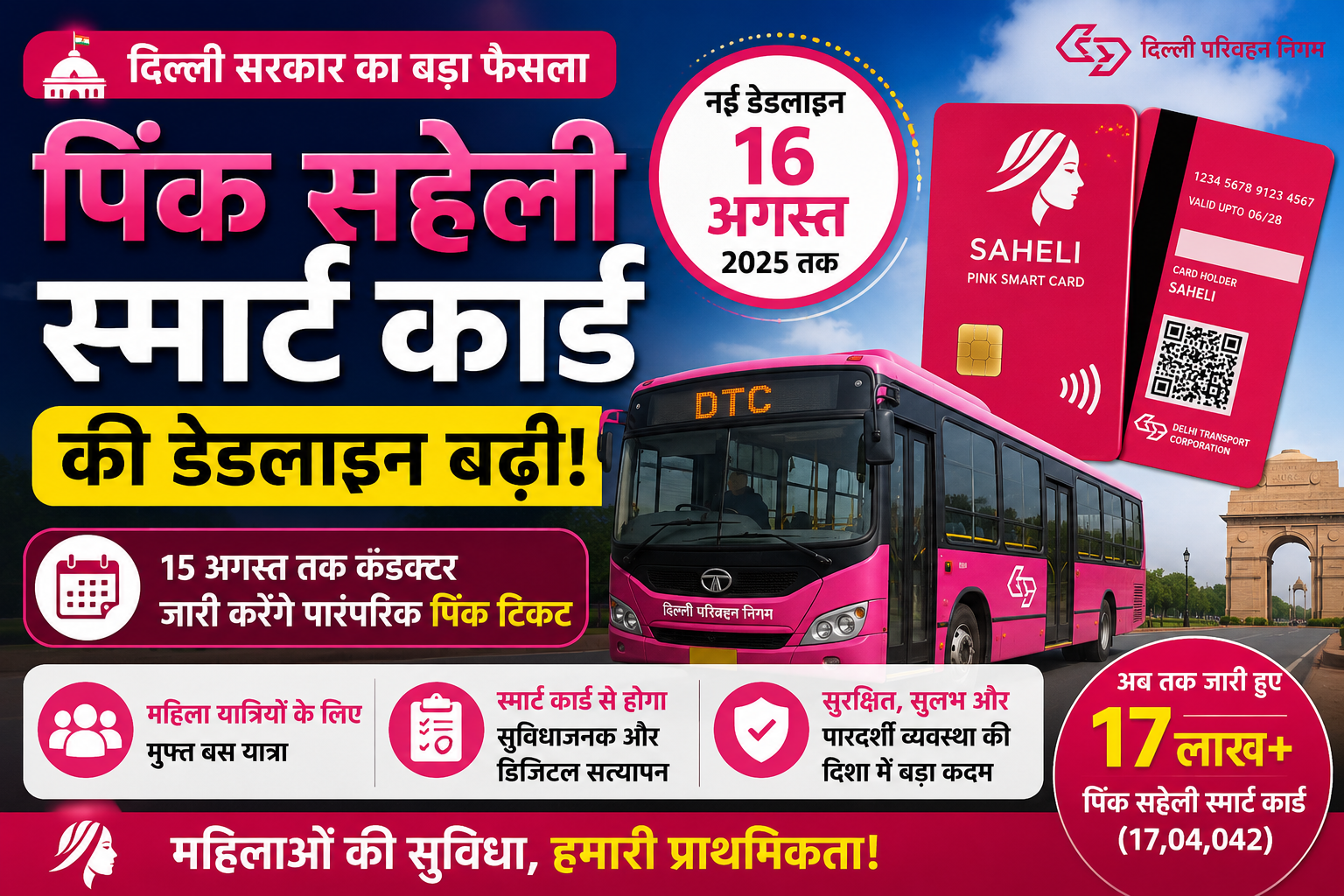 शासन और लोक कल्याण: दिल्ली सरकार ने 'पिंक सहेली स्मार्ट कार्ड' की डेडलाइन 16 अगस्त तक बढ़ाई