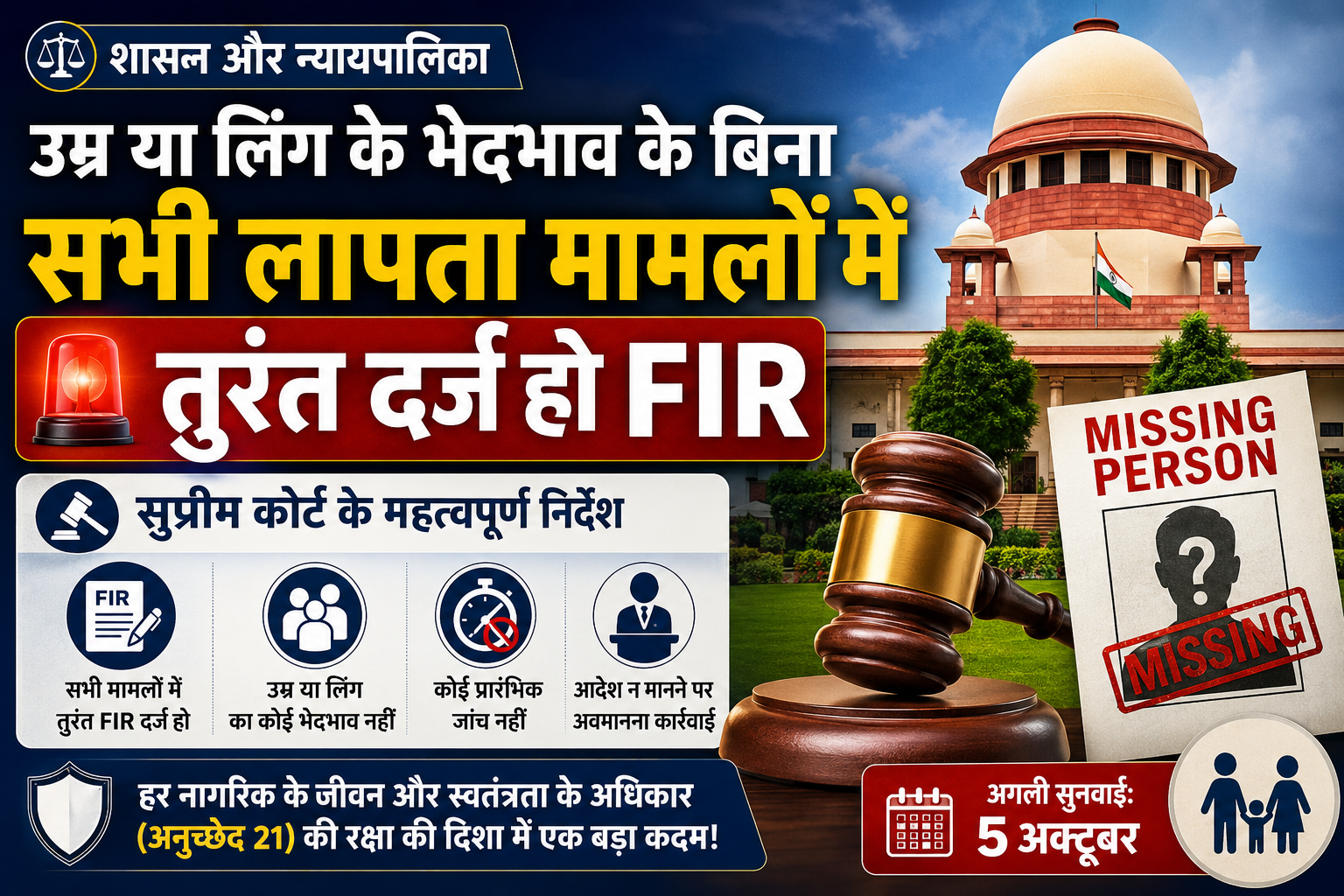 शासन और न्यायपालिका: उम्र या लिंग के भेदभाव के बिना सभी लापता मामलों में तुरंत FIR दर्ज हो - सुप्रीम कोर्ट का निर्देश