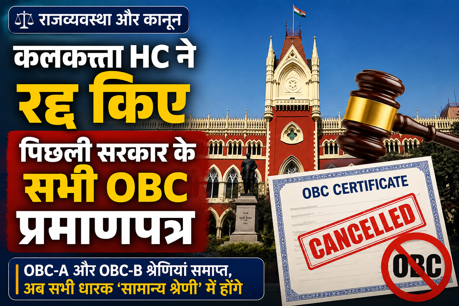 राजव्यवस्था और कानून: कलकत्ता हाईकोर्ट ने पिछली बंगाल सरकार द्वारा जारी सभी OBC प्रमाणपत्रों को किया रद्द