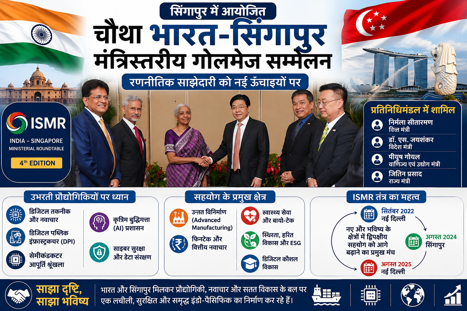 अंतर्राष्ट्रीय संबंध: रणनीतिक सहयोग को मजबूत करने के लिए सिंगापुर में चौथा 'भारत-सिंगापुर मंत्रिस्तरीय गोलमेज सम्मेलन' आयोजित