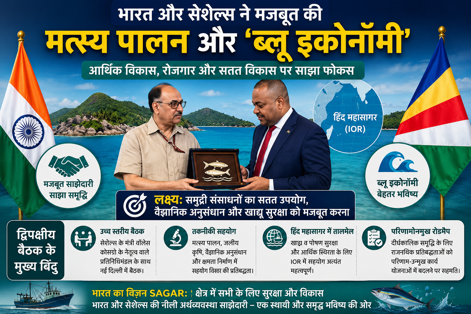 भारत और सेशेल्स ने मत्स्य पालन और 'ब्लू इकोनॉमी' को आर्थिक विकास के प्रमुख स्तंभों के रूप में मान्यता दी