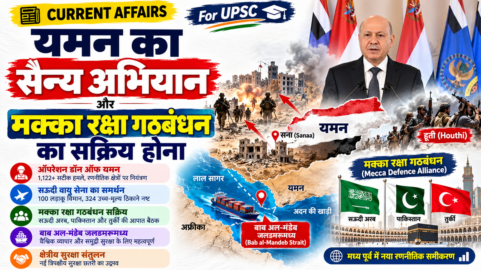 अंतर्राष्ट्रीय संबंध: यमन में 'ऑपरेशन डॉन ऑफ यमन' शुरू, मक्का रक्षा गठबंधन हुआ सक्रिय